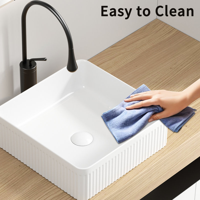 Rectangular Vessel Sink, 15" X 15", White Porcelain Ceramic, Striped Design, High - Quality And Easy To Install, Modern Bathroom Look 15X15 Inches, Compatible With Various Faucets, Stain