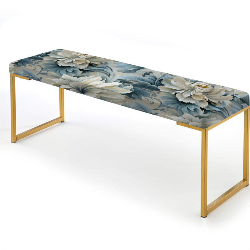 Banc floral rembourré or, Bleu harmonie damassé I