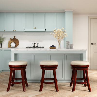 24" Counter Stool With Cherry Congruous In Quality, Beige Fabric Seat Cherry Stool, - Luxury Feel by Lark Manor