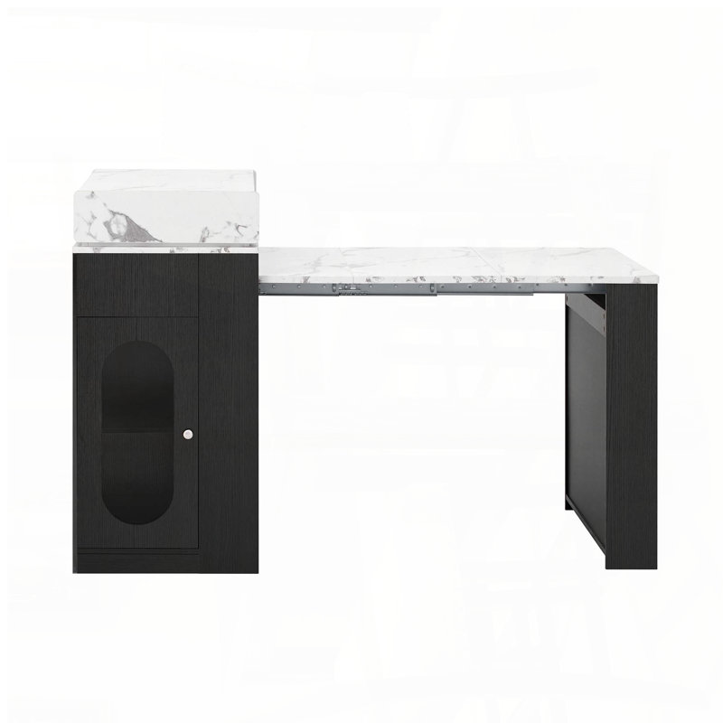 Table de salle à manger extensible pliante avec tiroirs, prise de courant, roulettes et rangement (18,7 po à 57,7 po, noir + blanc marbre)