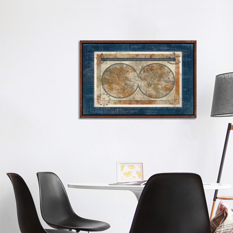 Blueprint Of The World by Carol Robinson - Print on Canvas, 66.04 cm H x 45.72 cm W, Classic Brown Wood Framed Canvas