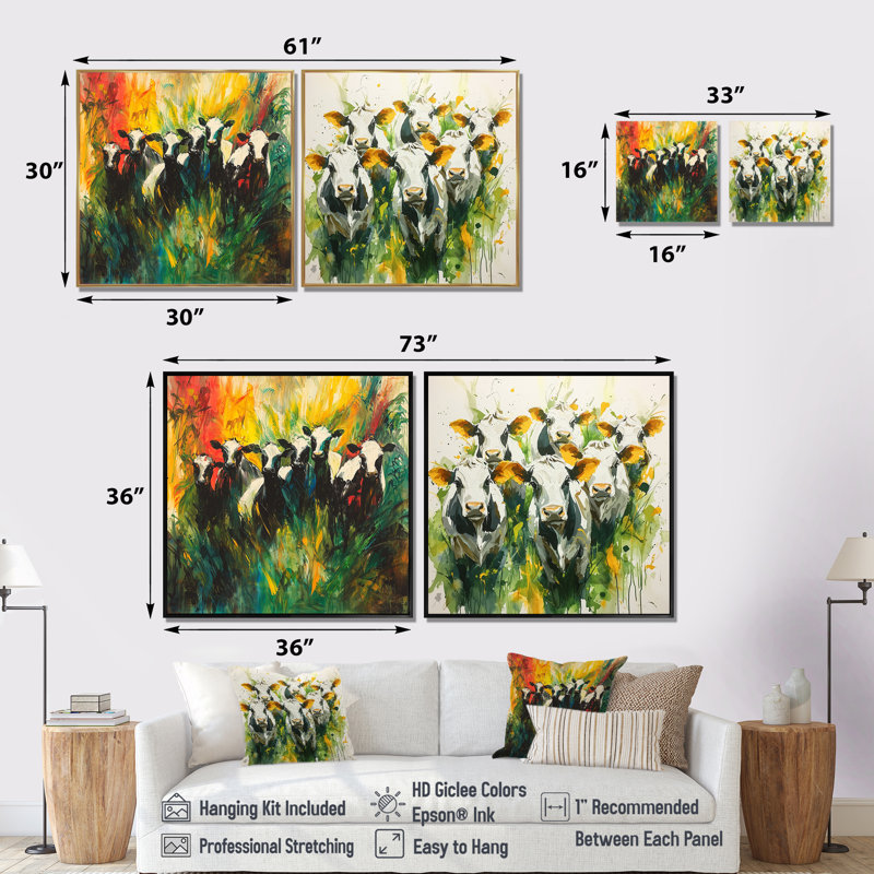 Abstrait «Herd Cow I» - Art mural animal de vache - décoration murale moderne 2 pièces, H 36 po x l 73 po, Cadre flottant