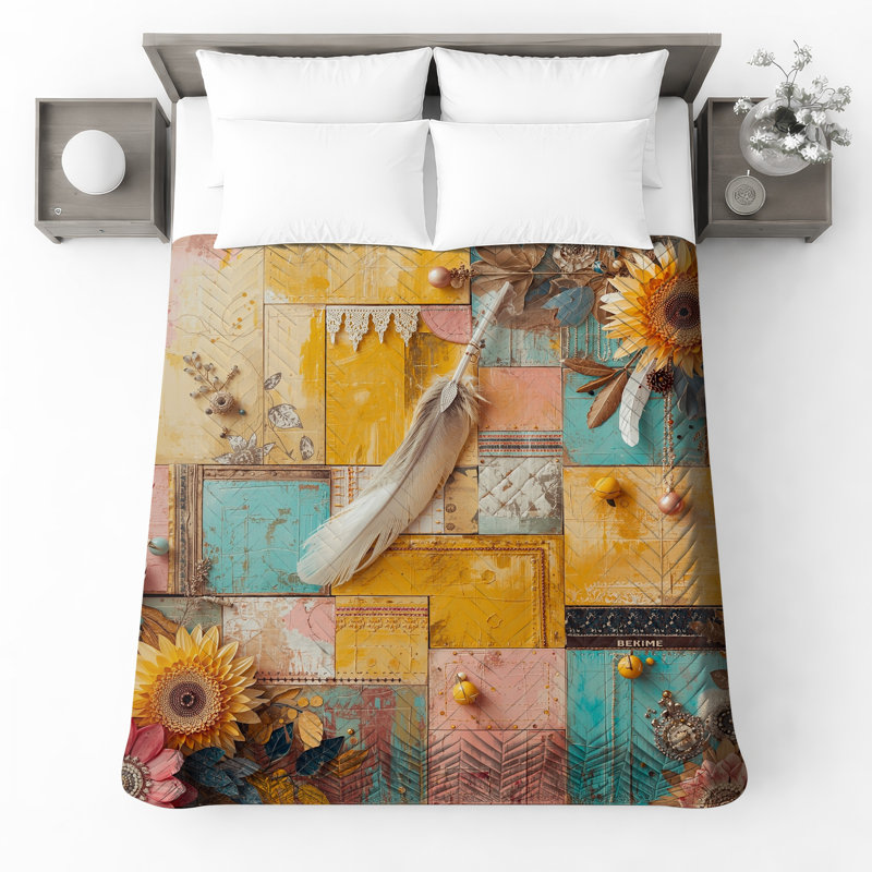Couvre-lit matelassé jaune, rose et bleu, Très grand lit