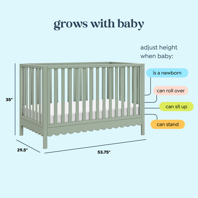 Light Sage Pine Wood Convertible Crib with Scallop Detailing