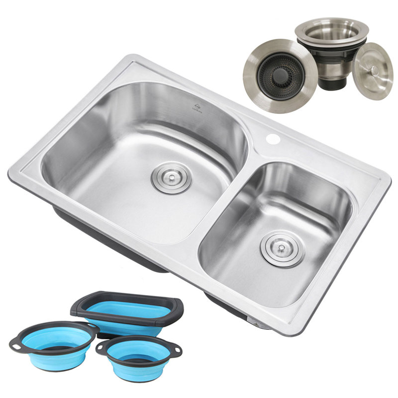 33'' L Double Bowl Stainless Steel Kitchen Sink, 3 Hole