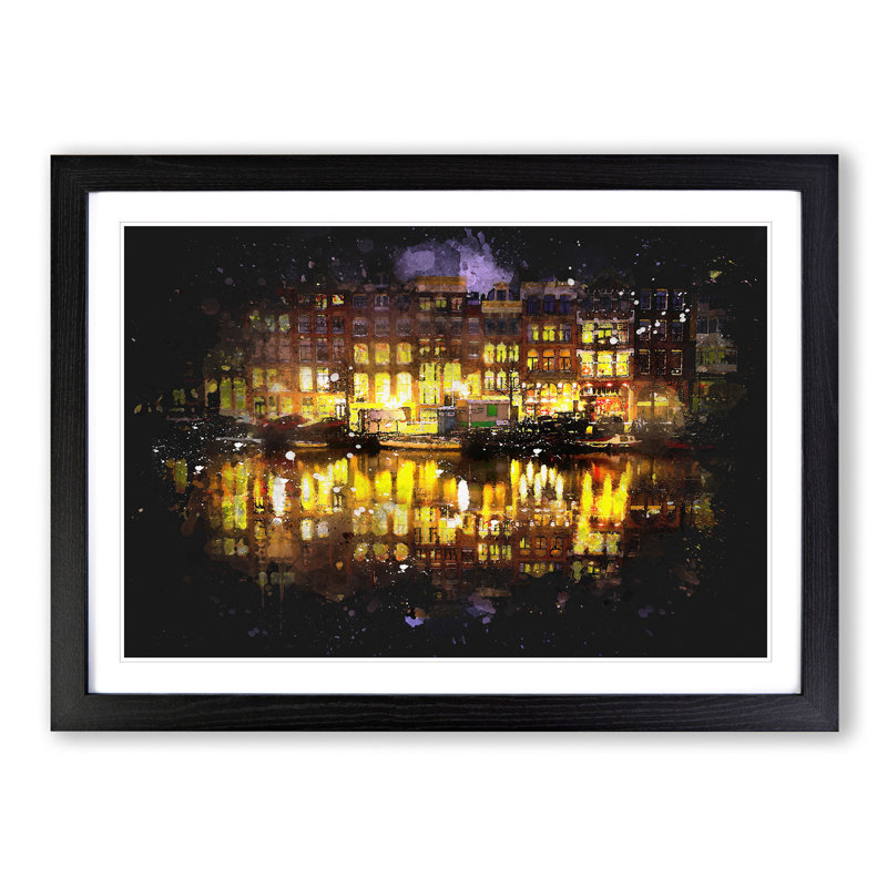 Amsterdam at Night - Picture Frame Graphic Art Print, 24cm H x 33cm W x 2cm D, Black Framed