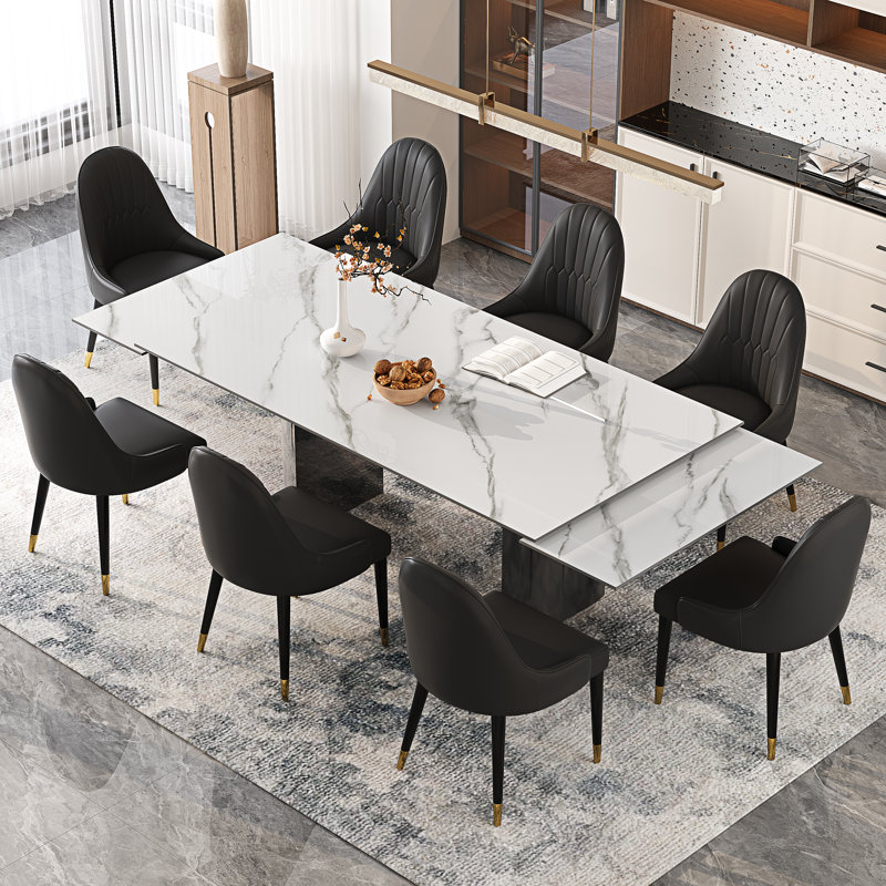 9 - Piece Dining Table Set With 94.5'' Extendable Sintered Stone Dining Table With 8 Faux Leather Wingback Chairs, Black
