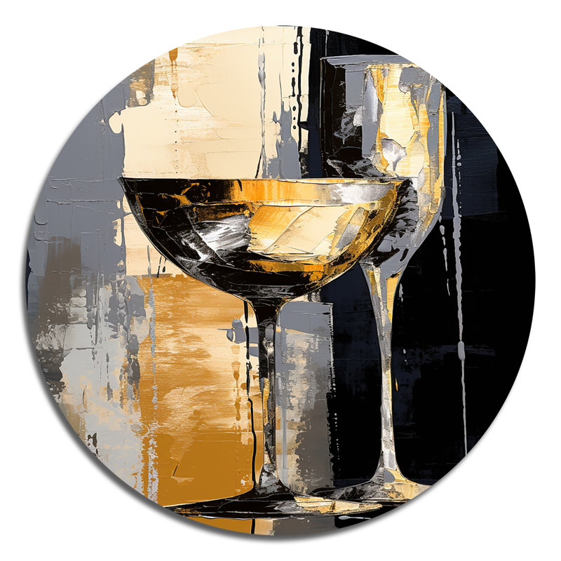 Collage champagne avec verres - Art rond en métal, H 29 po x l 29 po