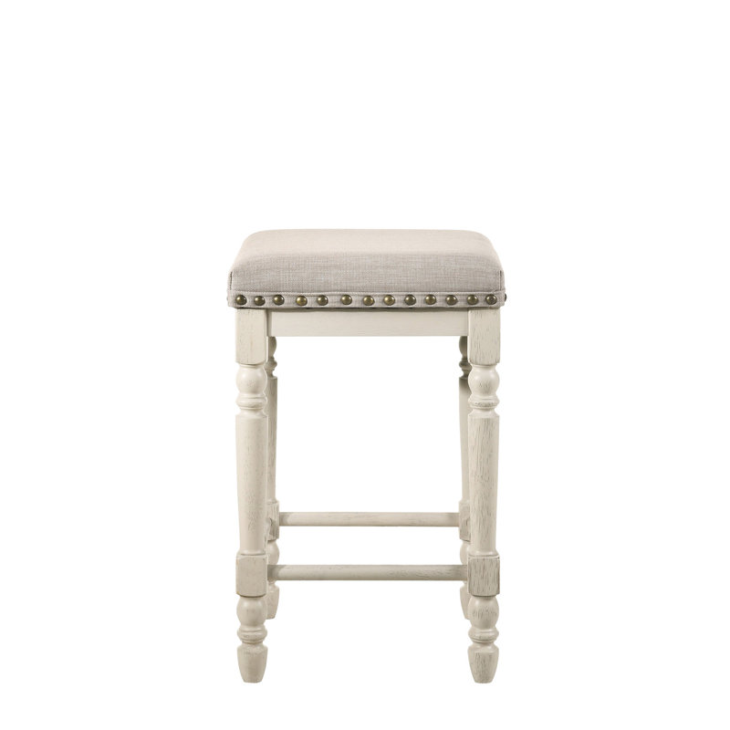 2 tabourets à hauteur de comptoir, tissu brun clair et blanc antique, siège D16 à densité de mousse, garniture cloutée, paire de 2 tabourets de 220 lb, finition blanche, siège rembourré