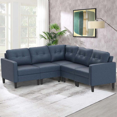 Mid-Century 5-Piece Fabric Upholstered Chair, 4-Seater, Birch Frame, Button Tufted Back Cushion