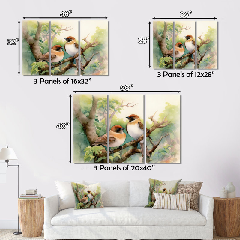 Birds of Spring II - 3 pièces, reproduction sur toile tendue, H 28 po x l 36 po x P 1 po
