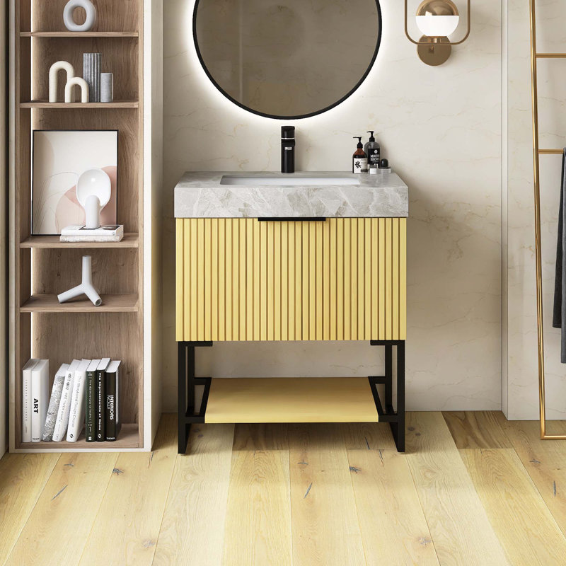 Meuble-lavabo autoportant en contreplaqué rayé pré-assemblé avec lavabo, tiroir et tablette ouverte, Doré, 30", Pierre grise