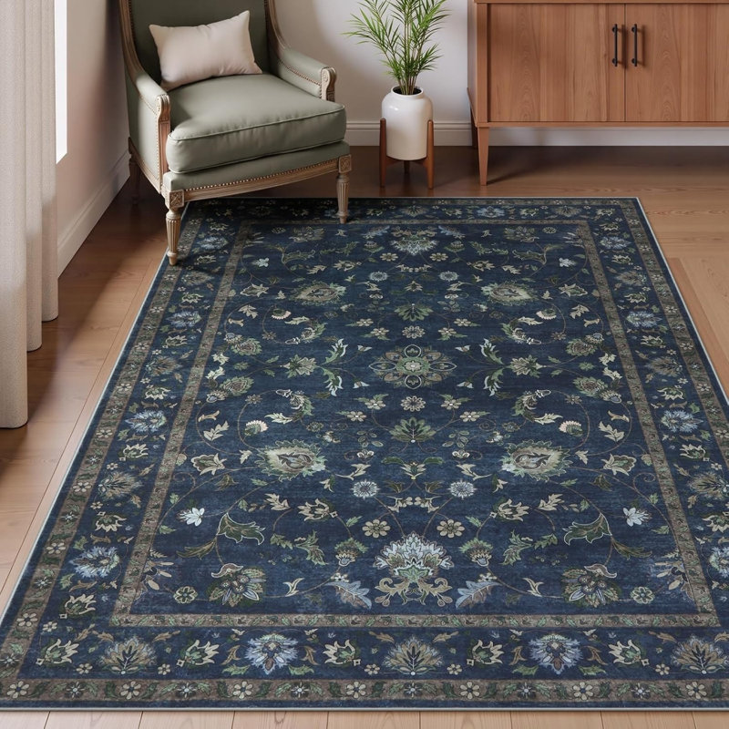 Tapis floral bleu marine 5 pi x 7 pi pour chambre de jeu