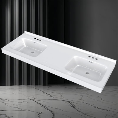 Comptoir de meuble-lavabo double 61 po, comptoir épais de 3 po, rebord surélevé et dosseret de 0,38 po, blanc éclatant, imperméable et facile à installer