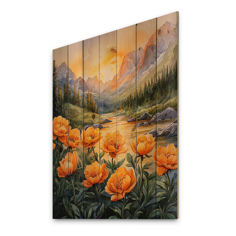 Été pivoines et le lever du soleil IV - Art mural en bois pivoines - sur bois de pin naturel, H 20 po x l 10 po x P 0,78 po