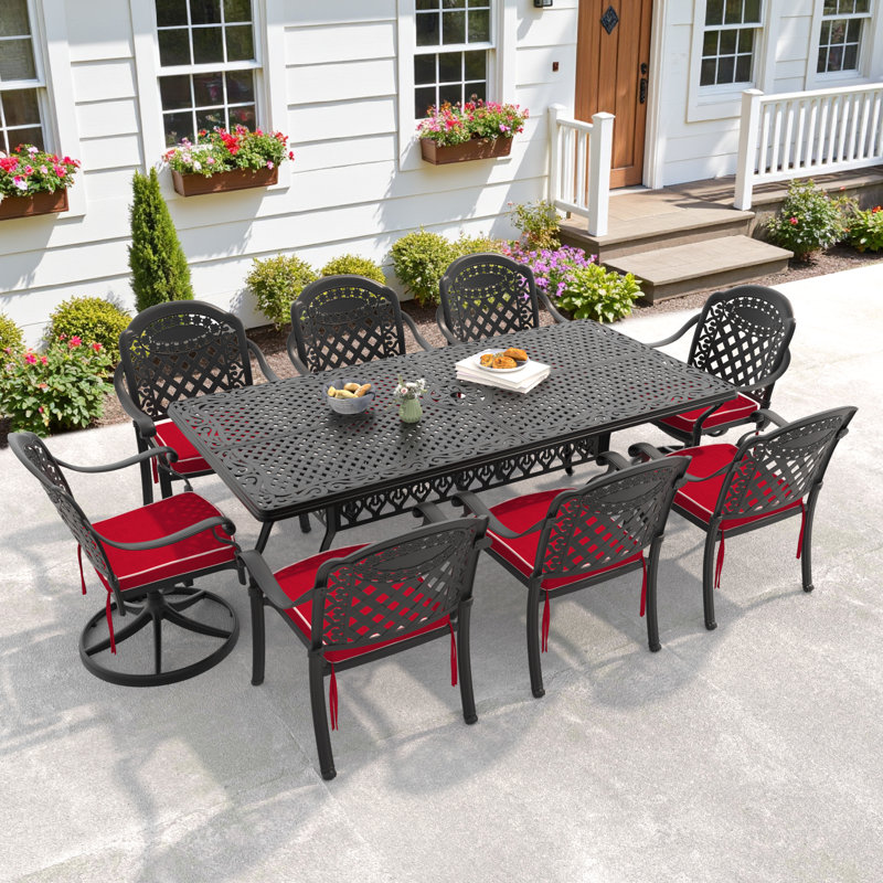 Ensemble de salle à manger pour 8 personnes en fonte d'aluminium - Comprend 2 chaises pivotantes et coussins, une table rectangulaire