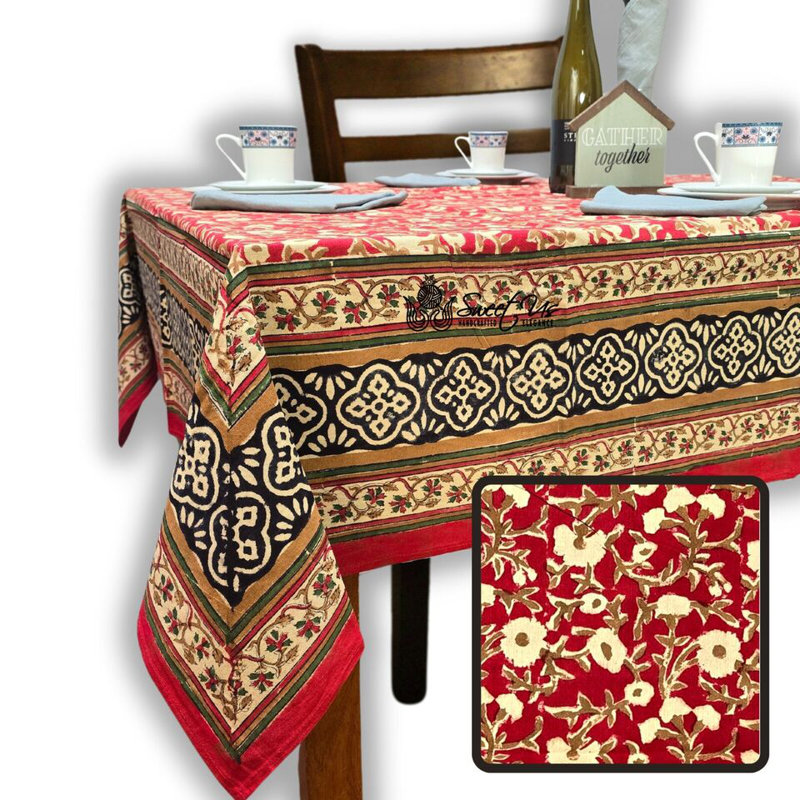 Floral Cotton Block Print Tablecloth Rectangle
