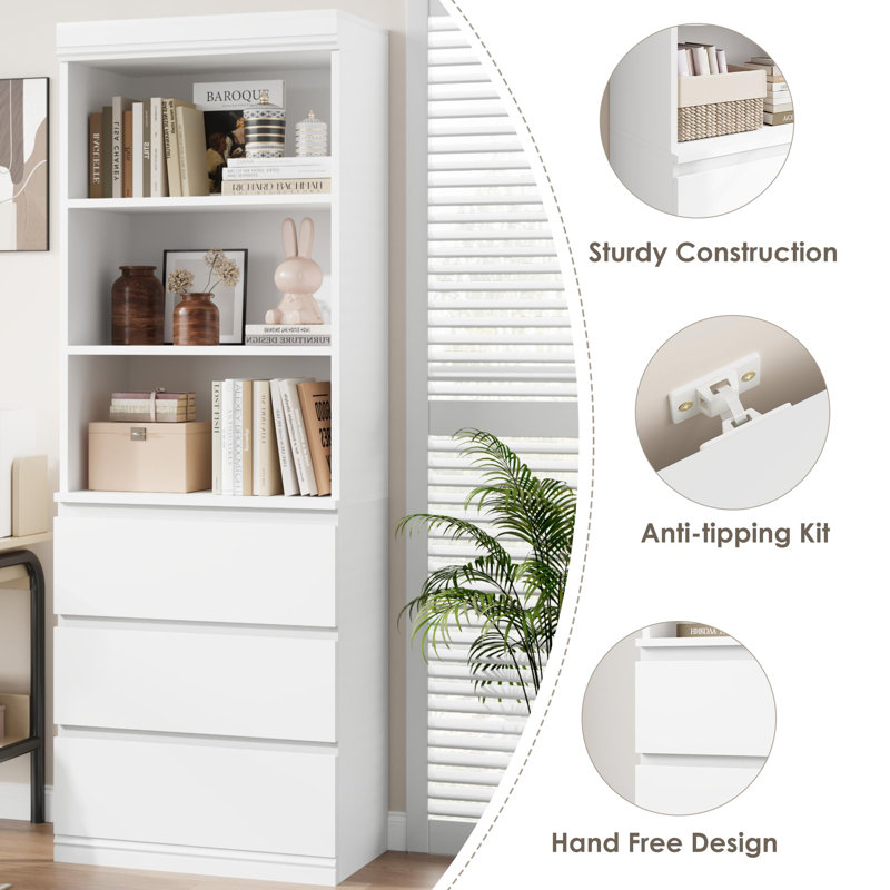 70" Tall Bookcase with 3 Drawers, Modern Bookshelf with Open Shelving and Storage Cabinet, White Organizer for Living Room, Office, Library
