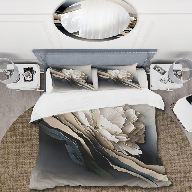Ensemble de housse de couette beige en pivoine hyperréaliste II, Housse de couette pour très grand lit et 2 très
