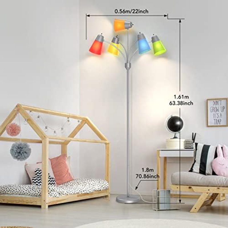 LED Floor Lamp, Medusa Multi-Head Modern Tall Standing Lamps, Adjustable Corner Reading Floor Light For Living Room, Bedroom, Kid Room, Classroom, Colored Lampshades, Silver Grey