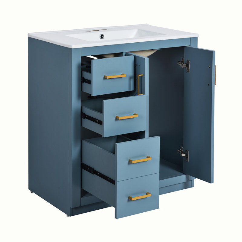 Ensemble de meuble-lavabo autoportant avec lavabo en céramique, Bleu clair, Doré