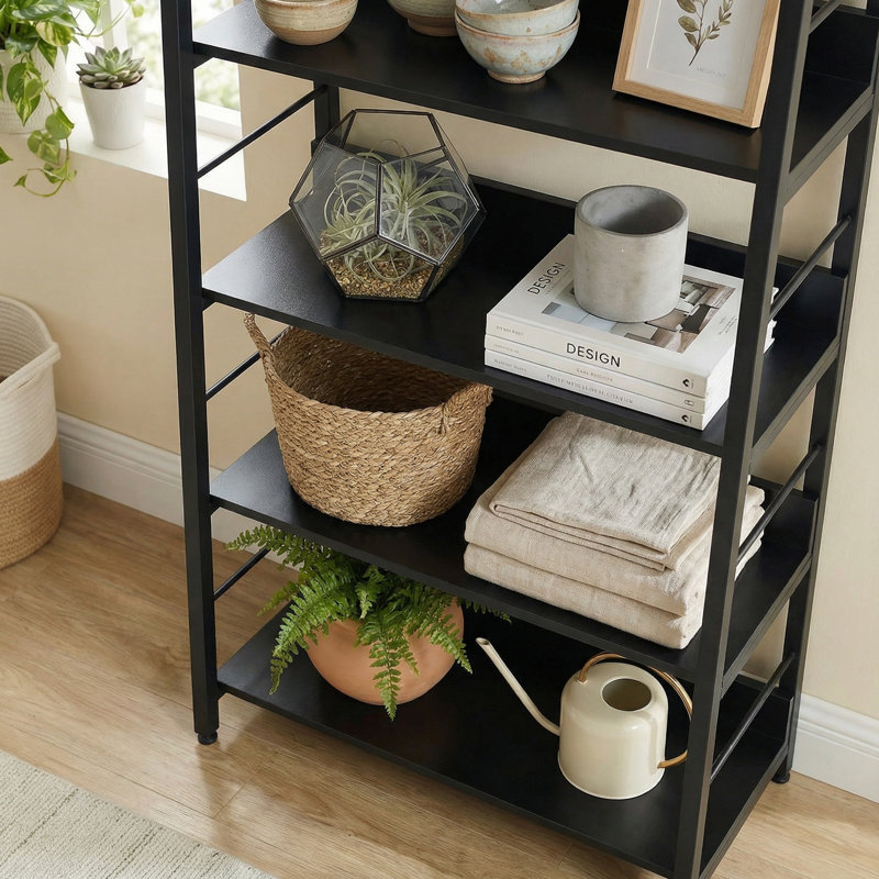 59.2" Ladder Bookcase, Rustic Industrial Wood Bookshelf Bookcase For Living Room, Bedroom, Home Office, Black