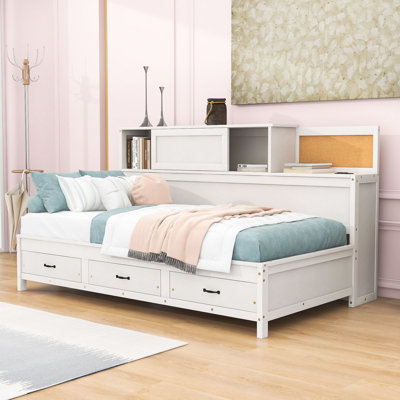 3 Drawers Wooden Daybed with Pushable Shelf, USB & Socket Charging Station
