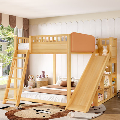 Full Solid Wood Loft Bed with Upholstered Headboard, Storage Shelves and Slide