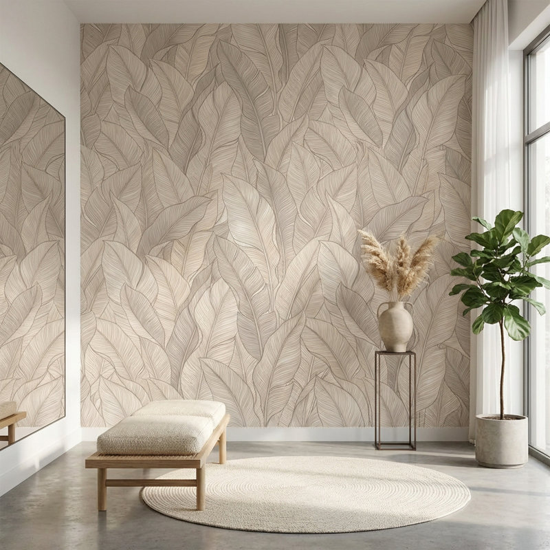 Murale feuilles et papier peint moderne beige, 160 po x 108 po, Peler et coller