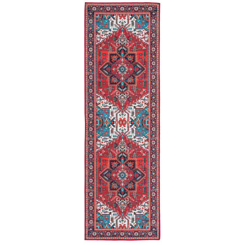 Tapis oriental rouge / bleu Sonia, Tapis de couloir 2 pi 6 po x 12 pi