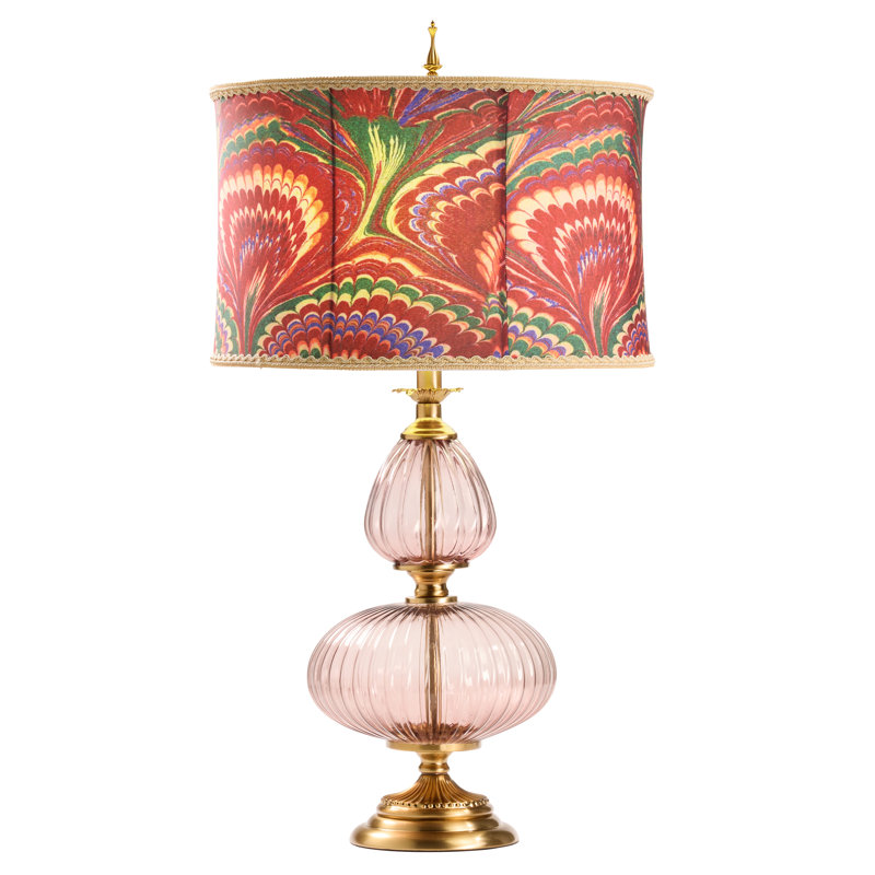 31.5"H Dash Red Printed Drum Shade Geometric Pink Glass Table Lamp