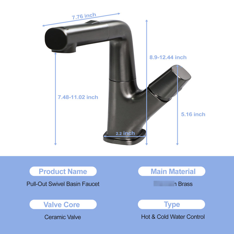 Robinet de salle de bain rétractable à trois modes de couleur noir bronze, alimentation en eau de 90 cm, conception lisse et soyeuse, pivot sur 360 °, température froide / chaude, accessoires complets pour l'installation, céramique fiable