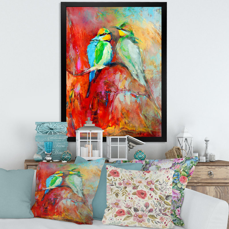 «Blue Tailed Bee Eaters on a Branch», peinture sur toile, H 32 po x l 16 po x P 1 po, Cadre photo noir