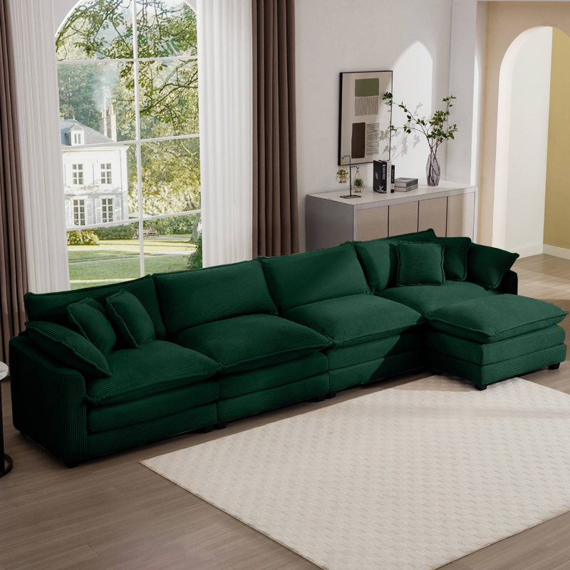 Canapé avec un repose-pieds, Velours côtelé vert, H 33,85 po x l 150,38 po x P 34,25 po