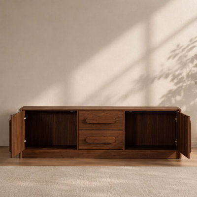 Buffet/console de rangement de style milieu du siècle, en MDF brun noyer, de 160 cm de large, avec deux tiroirs à fermeture silencieuse et deux portes à fermeture amortie. Parfait pour une entrée ou un salon.