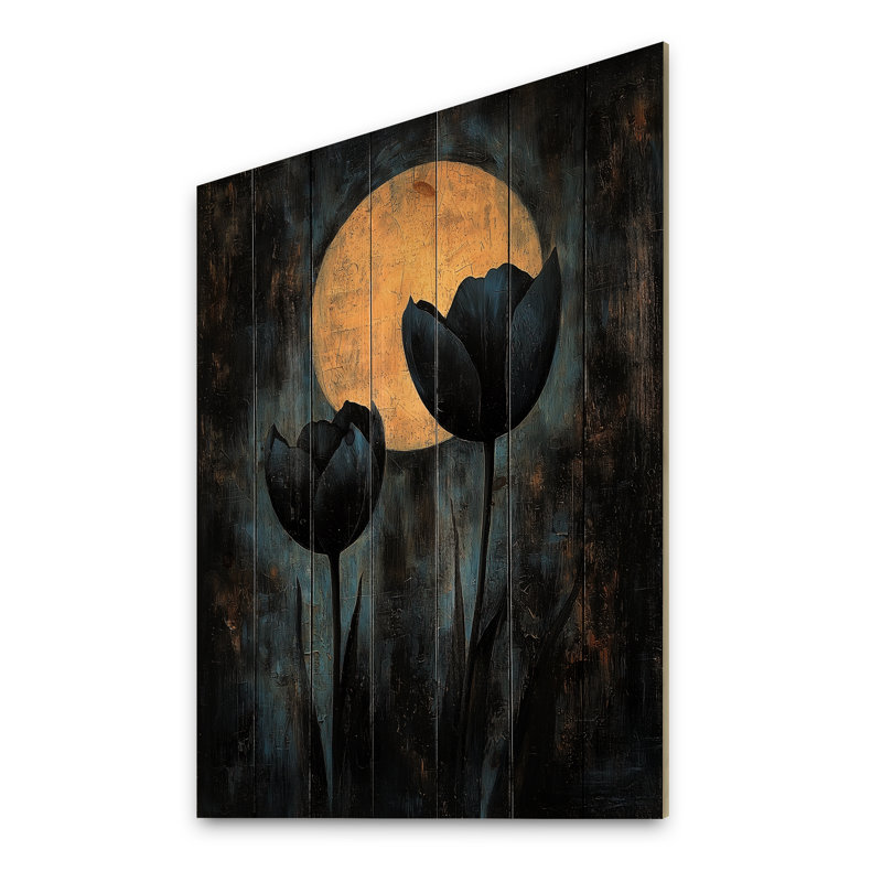 Black Yellow Full Moon Tulips - Tulips Wood Print - On Natural Pine Wood, 20" H x 10" W x 0.78" D