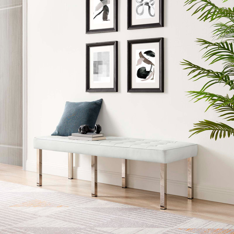 White Vegan Leather Tufted Bench with Stainless Steel Legs