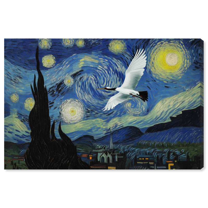 «Crane Starry Night» par Pet , H 10 po x l 15 po, Toile tendue