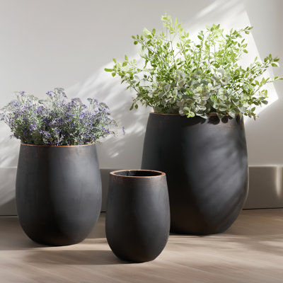 Ensemble de 3 pots à fleurs en béton avec finition rouille cuivrée, pots d'extérieur et d'intérieur faits à la main avec bouchon de drainage