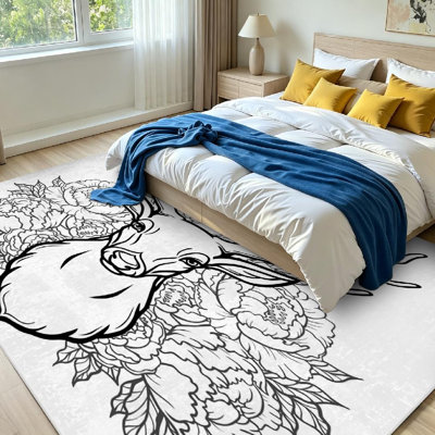 Tapis intérieur noir lavable à la machine, motif tête de jeune cerf, fleurs et chemise blanche