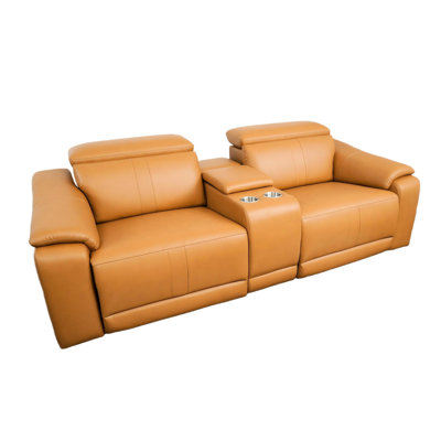 Canapé d'angle modulaire 3 places en cuir brun avec 2 porte-gobelets et fauteuil inclinable électrique, confortable et idéal pour les petits espaces, style minimaliste moderne, rembourrage en mousse haute densité respirante, espace de rangement intégré.