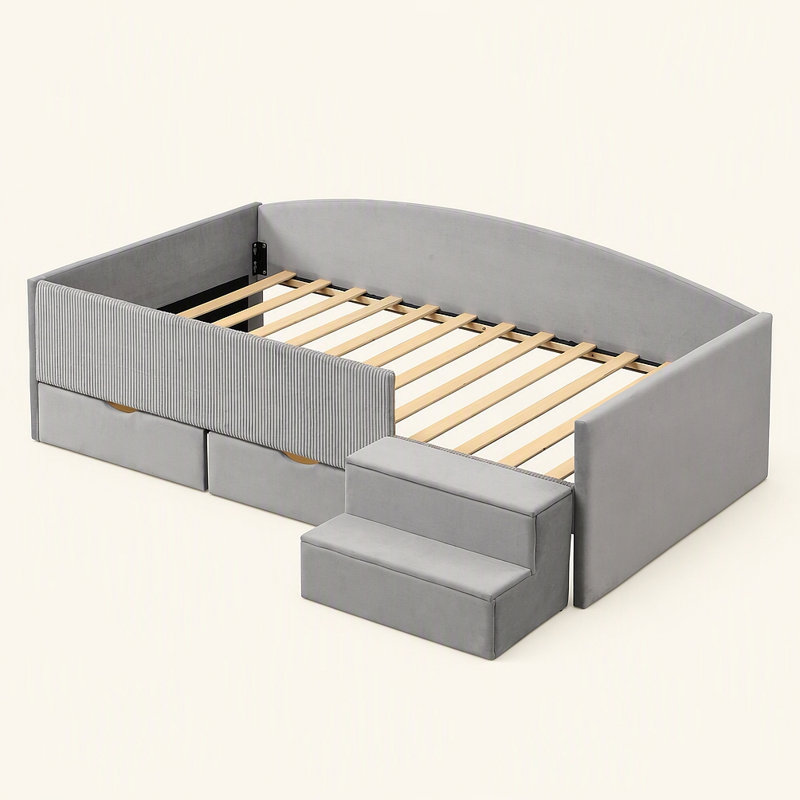 Structure de lit de jour rembourrée avec 2 tiroirs de rangement, Twin, Gris