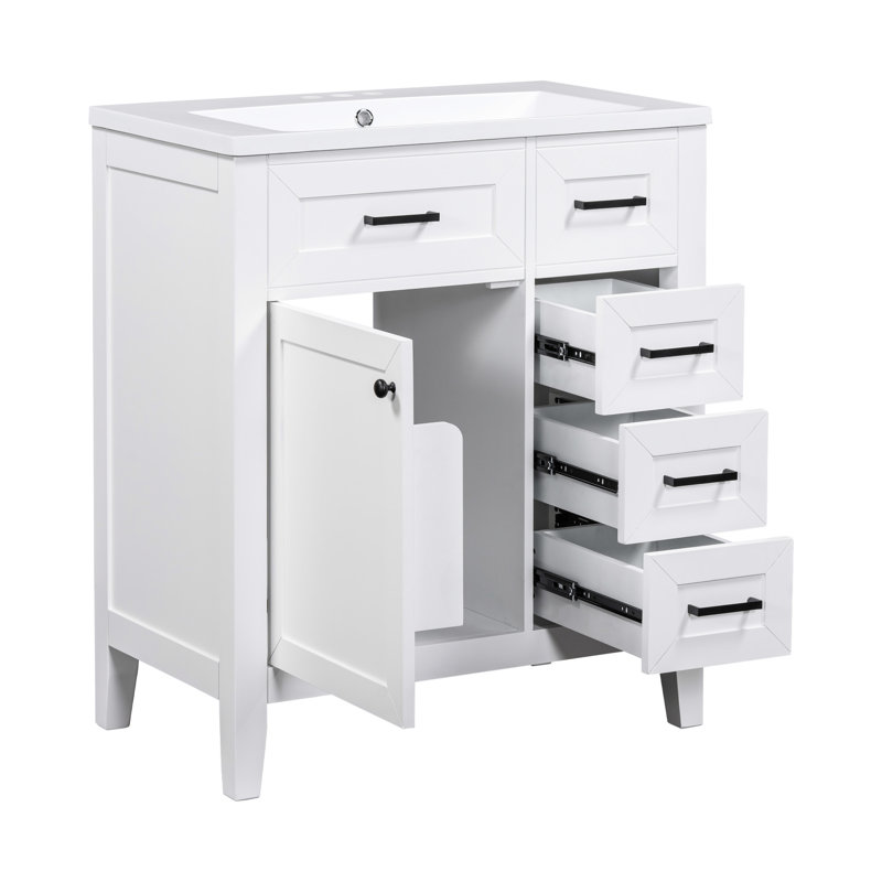 Meuble-lavabo de salle de bain 30 po - Armoire blanche moderne avec tiroirs de rangement en céramique et tablette, Blanc