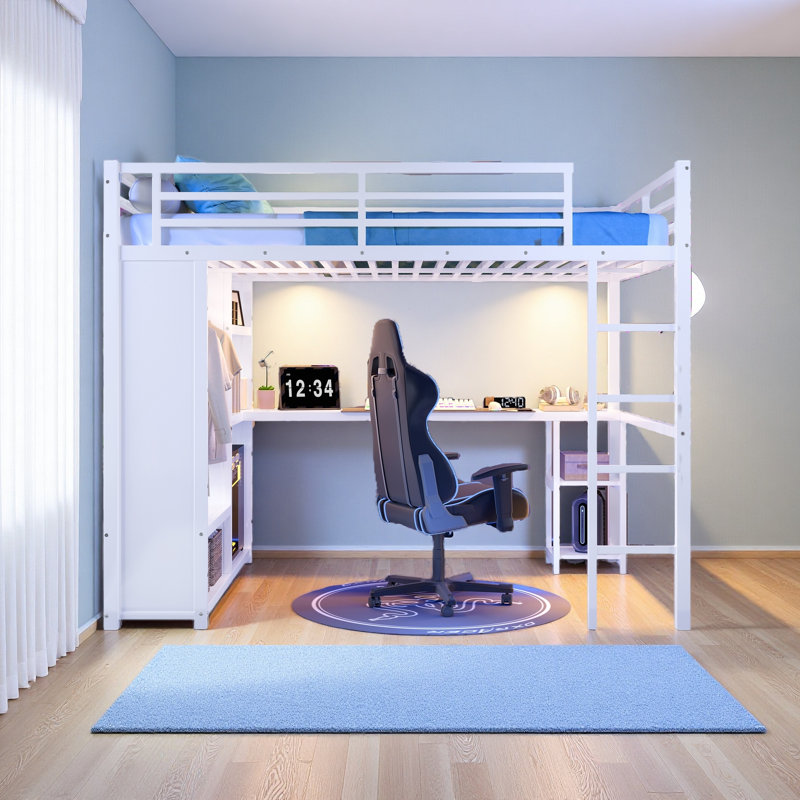Structure de lit mezzanine grand format avec garde-robe intégrée, lit mezzanine en métal avec bureau et tablettes de rangement