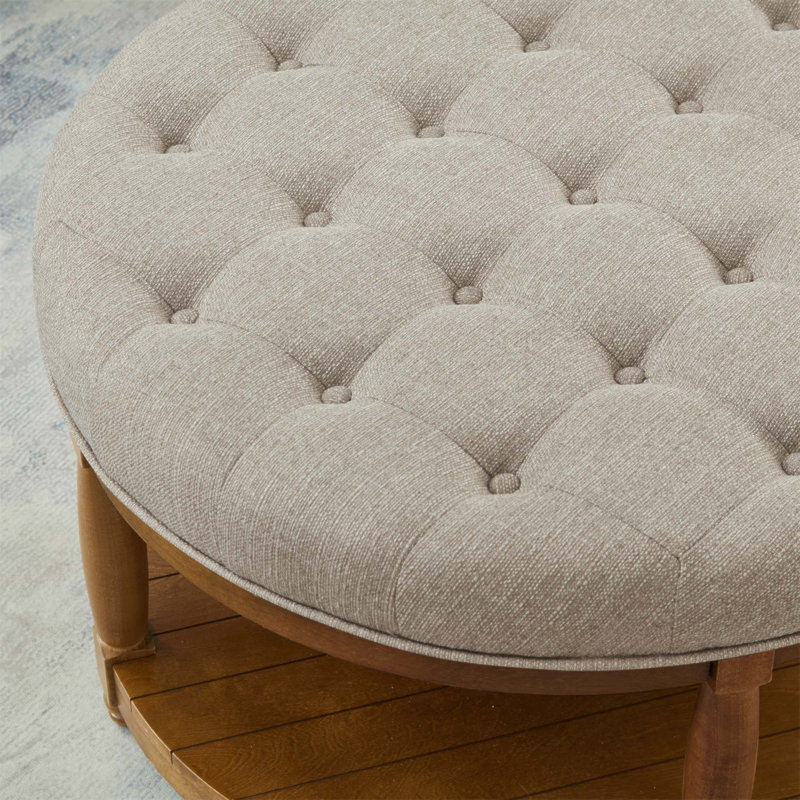 Large Round Upholstered Tufted Linen Ottoman Coffee Table With Wood Shelf Storage, Perfect For Indoor And Outdoor Use, Linen
