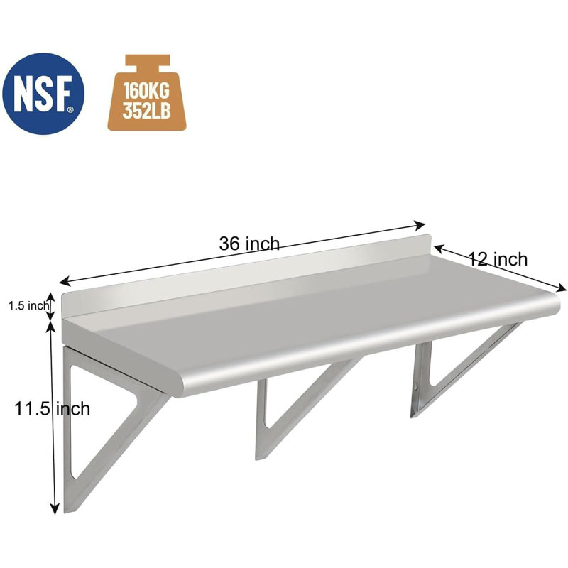 Tablette murale en acier inoxydable avec dosseret et deux supports Tablette murale en acier inoxydable avec dosseret et deux supports