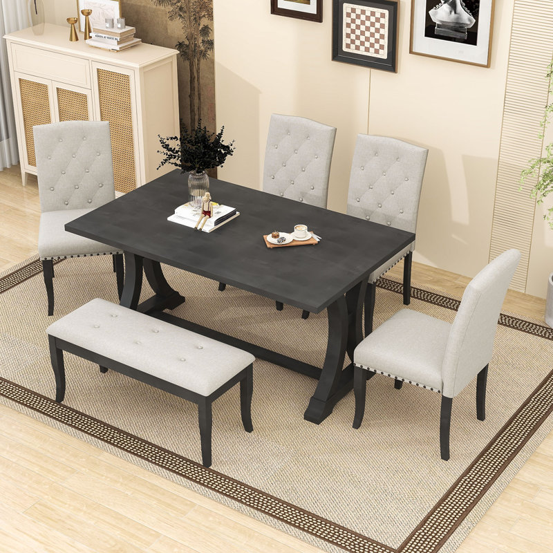 Bembow 6 - Piece Trestle Dining Set, Rectangular Trestle Table, Upholstered Chairs and Bench, Antique Gray