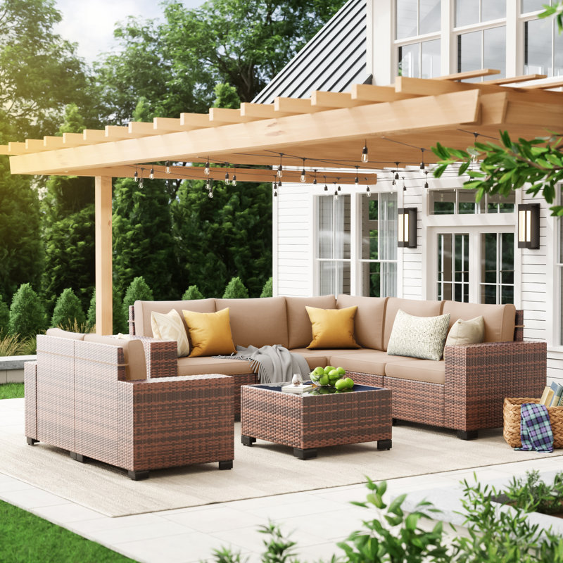 Ensemble de conversation modulaire en rotin pour 7 personnes avec coussins, Brun, Beige