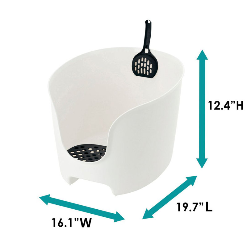 High Wall White and Black Plastic Cat Litter Box with Scoop
