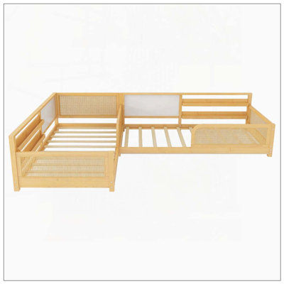 Structure de lit simple en L pour 2 enfants, lits convertibles détachables avec tableaux blancs, lit pour enfants en rotin avec étagères et lumières